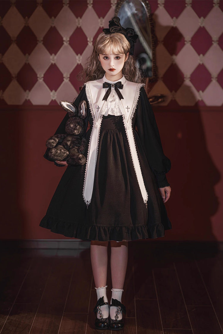 Black Long Sleeves Ruffle Bowknot Classic Gothic Elegant Nun Lolita Dress - Black - 1