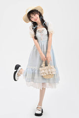 Blue Short Sleeves Embroidery Bowknot Lace Sweet Princess Lolita Dress - Product - 5