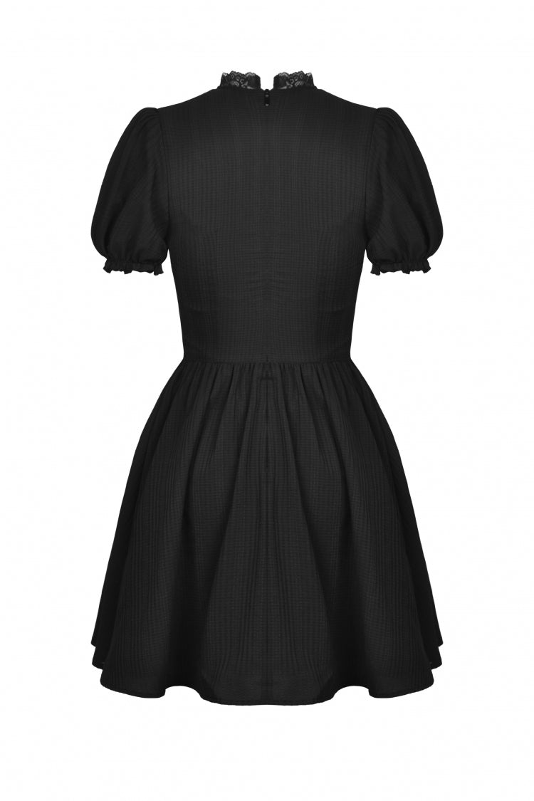 Black Tulle Lace Stand Collar Short Puff Sleeves Women's Lolita Gothic Doll Dress - Product - 16