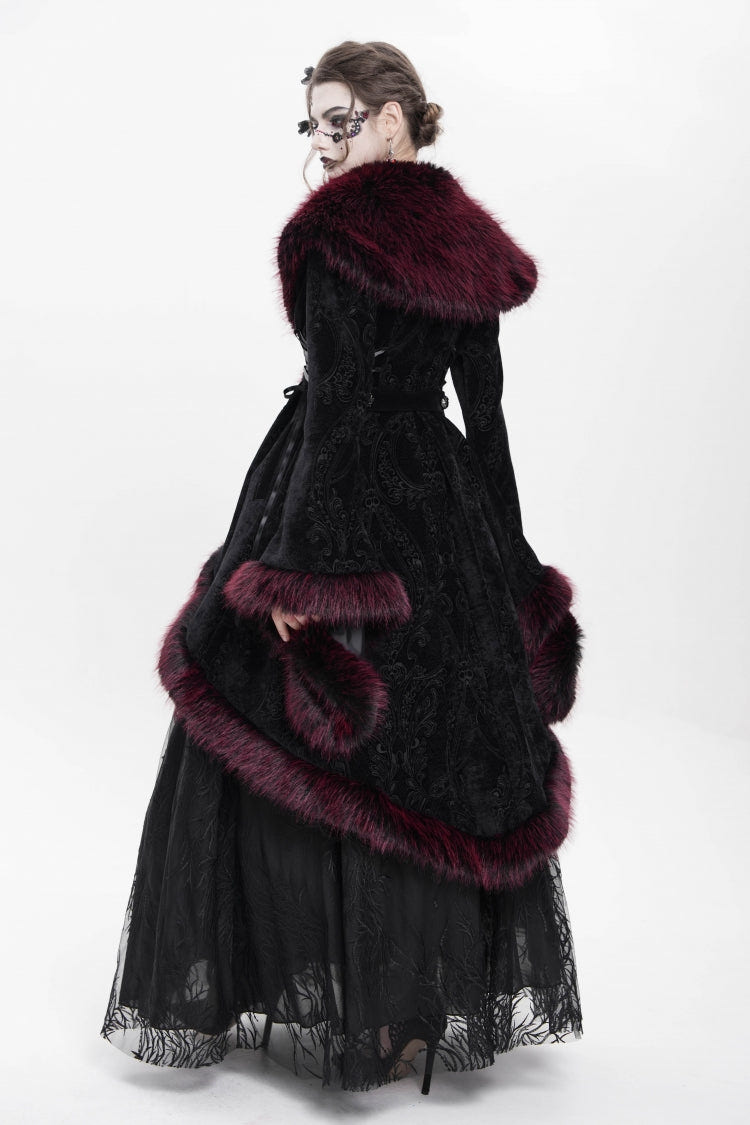 Red Long Sleeves Floral Embroidery Women's Gothic Fluffy Coat - Product - 5