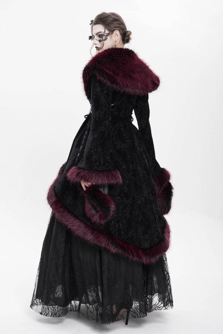 Red Long Sleeves Floral Embroidery Women's Gothic Fluffy Coat - Product - 5