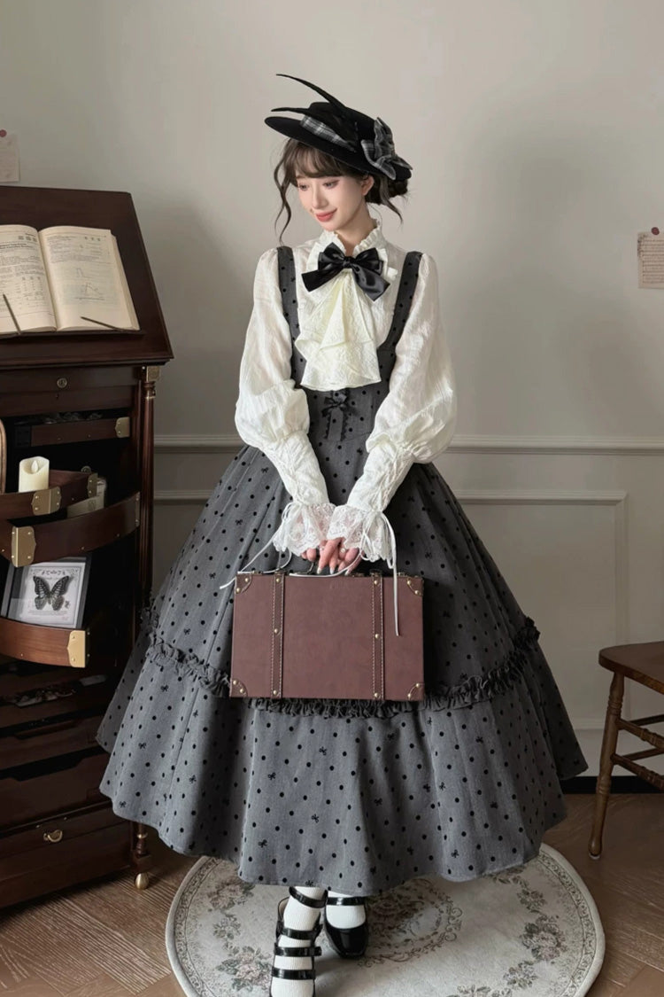 Black [Chapter Seven] Polka Dots Printed Fishbone Classic Elegant Princess Lolita Strap Dress - Black(Dress-Only) - 1