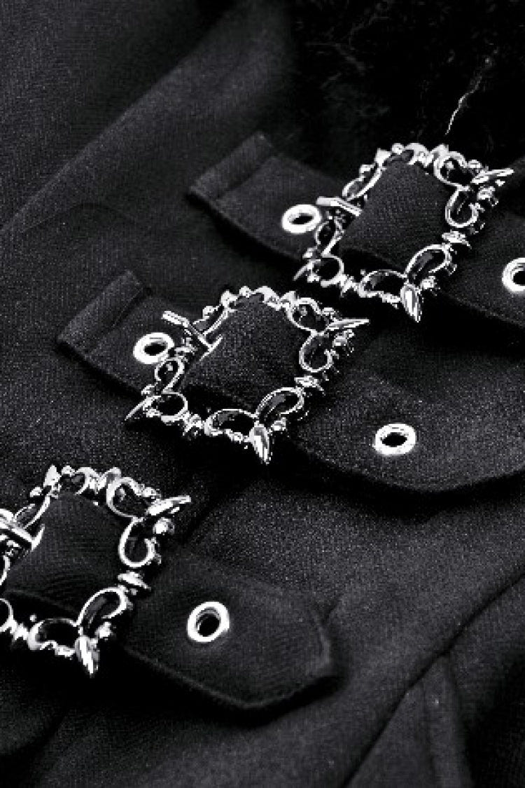 Black Long Sleeves Lace-Up Buckled Women's Gothic Draped Coat with Faux Fur Collar - Product - 14