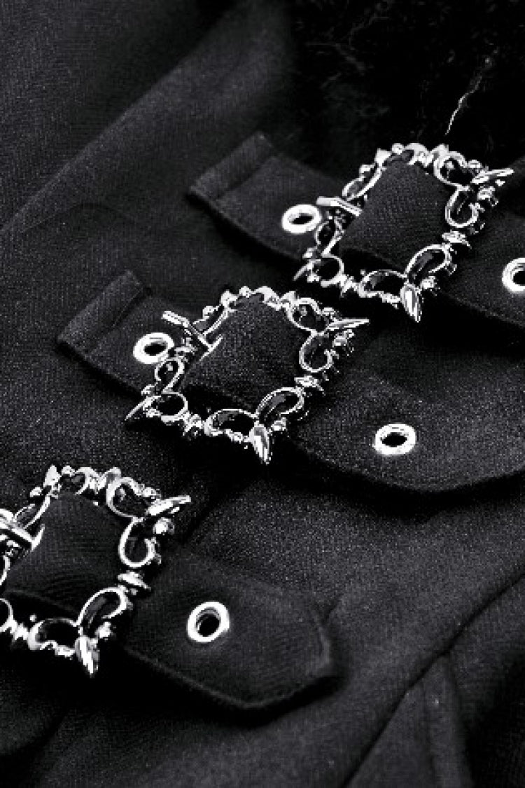 Black Long Sleeves Lace-Up Buckled Women's Gothic Draped Coat with Faux Fur Collar - Product - 14