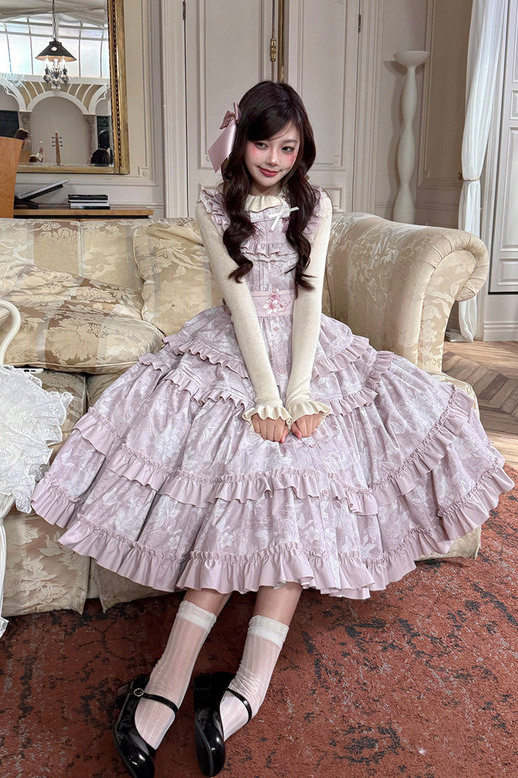Pink [Sacred Heart Lily] Round Collar Sleeveless Multi-Layered Printed Ruffled Embroidered Sweet Chinese Inspired Lolita Jumper Dress - Product - 10