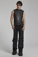 Halo Print Sleeveless Stitching Mesh Rivets Mens Steampunk T-Shirt 2 Colors - Product - 7