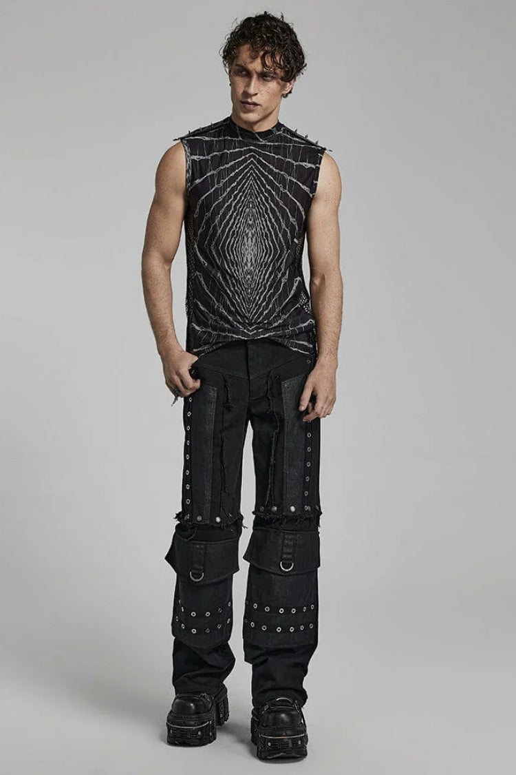 Halo Print Sleeveless Stitching Mesh Rivets Mens Steampunk T-Shirt 2 Colors - Product - 7