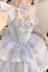 Blue Multi-layer Ruffle Hanayome Bowknot Lace Halter Neck Sweet Princess Lolita Dress - Product - 6