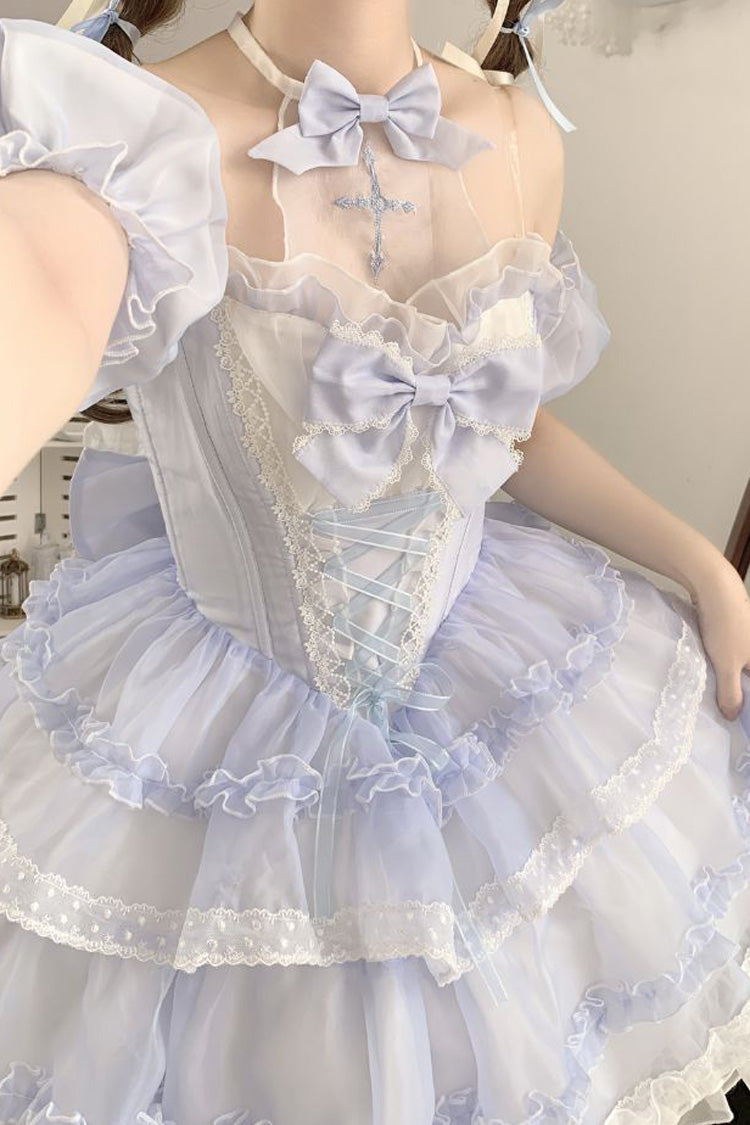 Blue Multi-layer Ruffle Hanayome Bowknot Lace Halter Neck Sweet Princess Lolita Dress - Product - 6