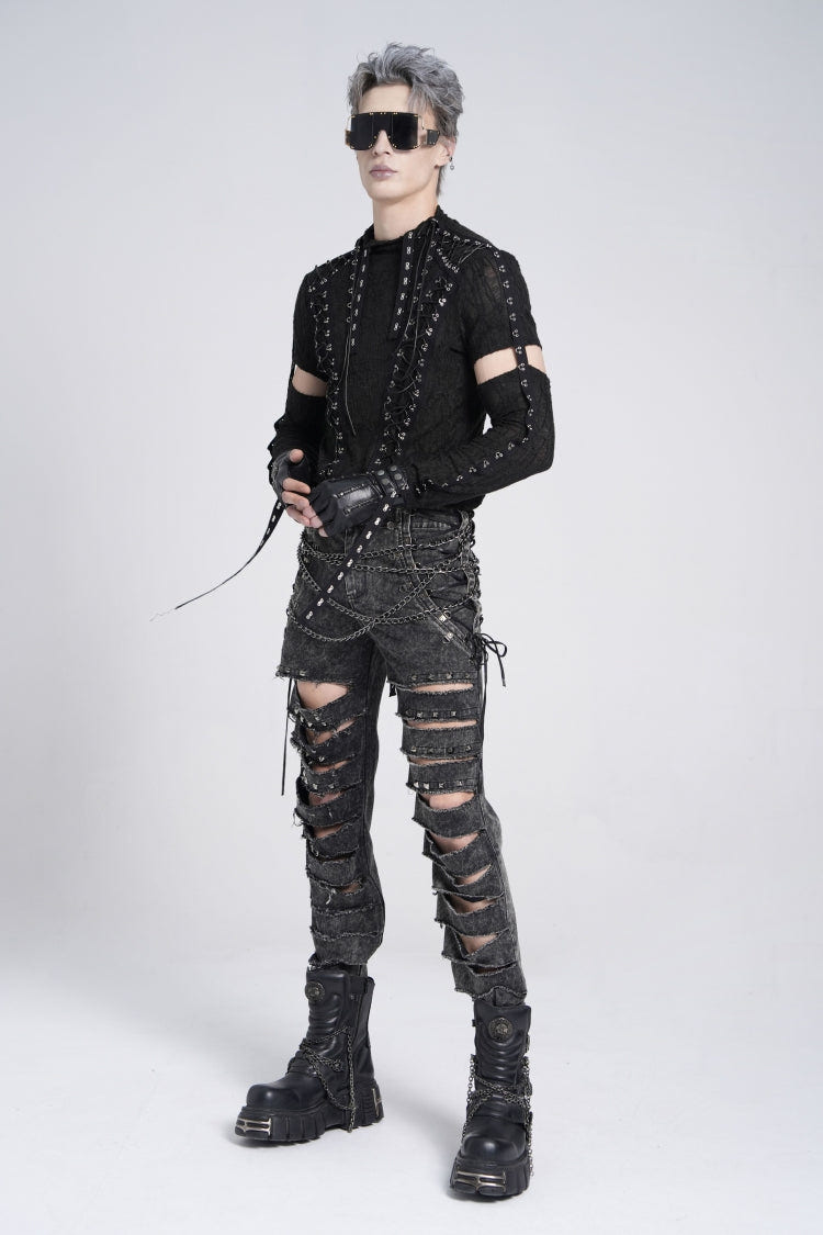 Black Ripped Rivet Men's Punk Pants with Chain - Product - 11