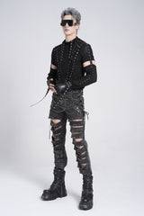 Black Ripped Rivet Men's Punk Pants with Chain - Product - 11