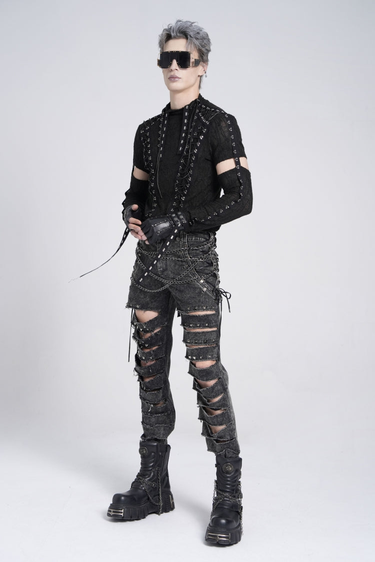 Black Ripped Rivet Men's Punk Pants with Chain - Product - 11