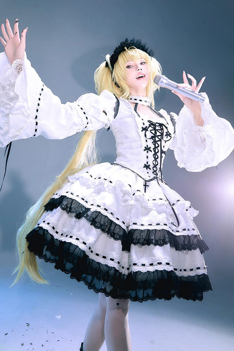 White [Witch] Long Trumpet Sleeves Double-Layered Ruffle Bowknot Lace-Up Gothic Lolita Skirt Dress Set - Product - 11
