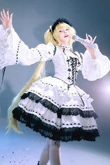 White [Witch] Long Trumpet Sleeves Double-Layered Ruffle Bowknot Lace-Up Gothic Lolita Skirt Dress Set - Product - 11