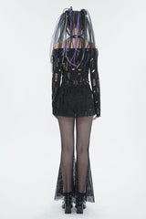 Black Elastic Ripped One Shoulder Rope Style Halter Neck Long Sleeves Women's Gothic T-Shirt - Product - 5