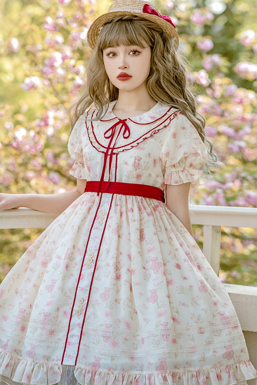 Pink Cute Bear Print Doll Collar Ruffled Short Sleeves High Waisted Sweet Lolita Dress - Product - 2