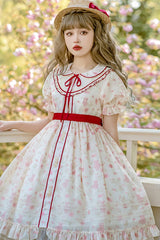Pink Cute Bear Print Doll Collar Ruffled Short Sleeves High Waisted Sweet Lolita Dress - Product - 2