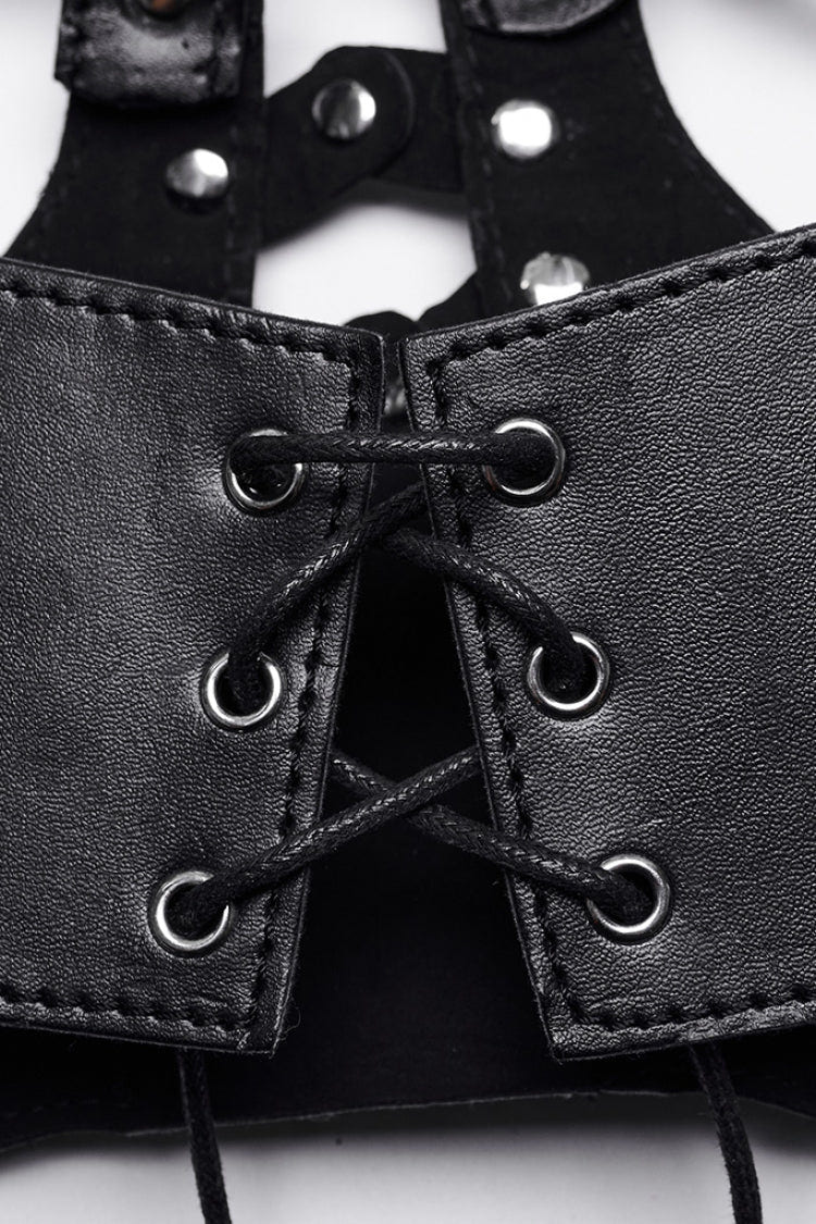 Black Faux Leather Hollow Lace-Up Detachable Women's Steampunk Lingerie - Product - 7