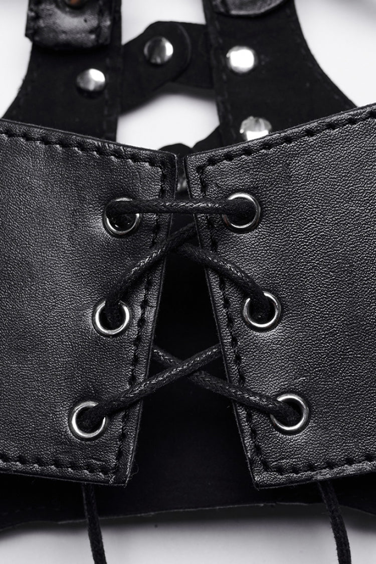 Black Faux Leather Hollow Lace-Up Detachable Women's Steampunk Lingerie - Product - 7
