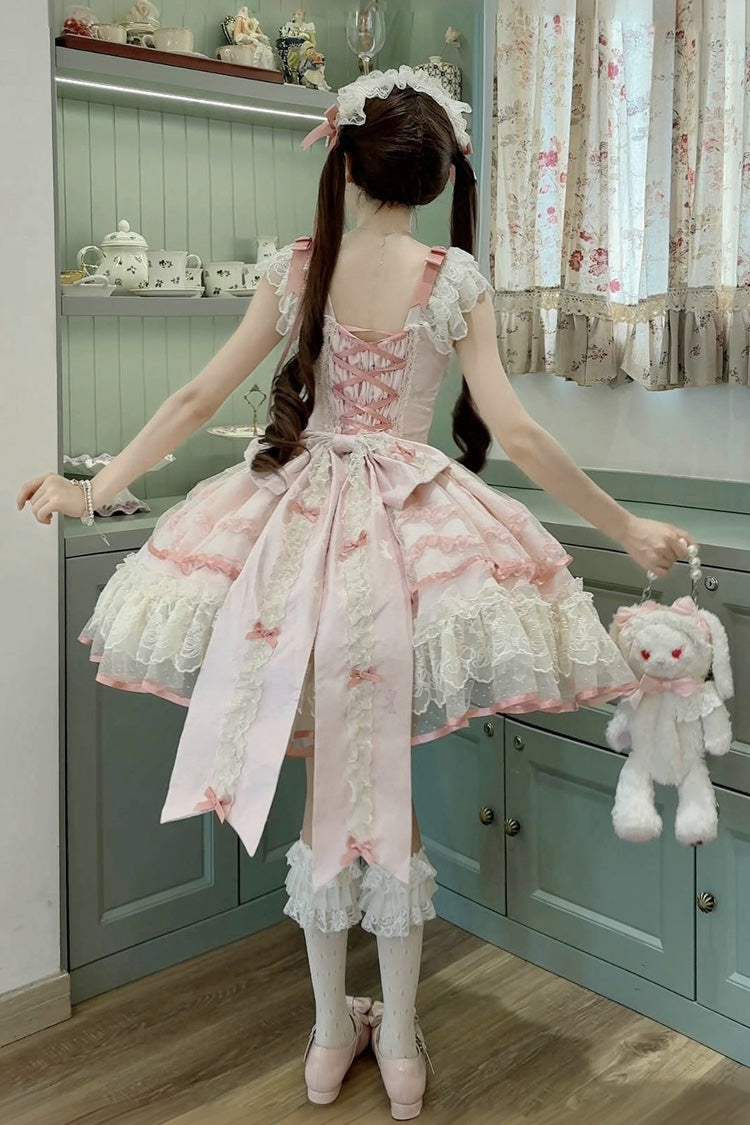 Pink [Dreaming Butterfly] Multi-Layered Jacquard Ruffle Bowknot Lace Sweet Princess Lolita Jsk Dress - Product - 3