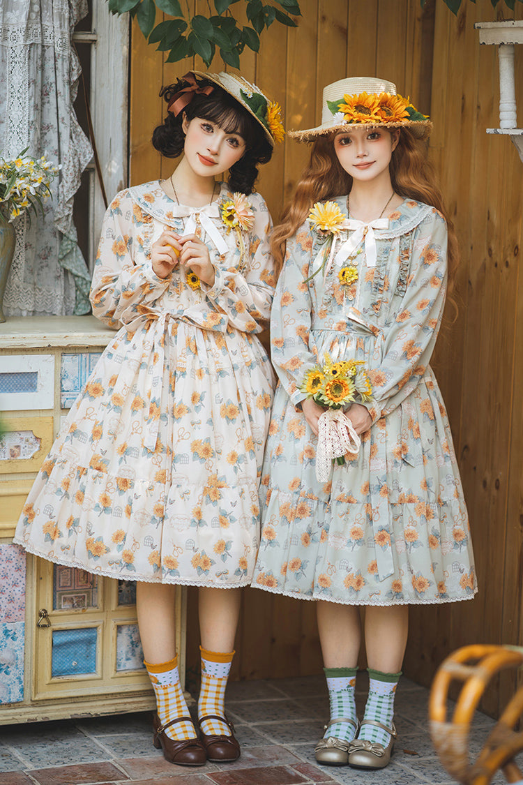 Green [Gardening Sunflower] Long Sleeves Print Ruffle Bowknot Sweet Elegant Lolita Dress - Green - 1