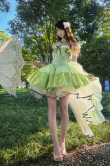 Green [Forest Princess] Off Shoulder Ruffled Bow Patchwork Sweet Lolita Dress - Product - 8