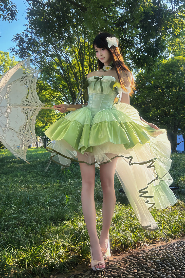 Green [Forest Princess] Off Shoulder Ruffled Bow Patchwork Sweet Lolita Dress - Product - 8