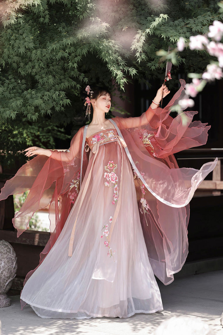 Pink Long Sleeves Embroidery Sweet Tang-style Hezi Hanfu Dress Full Set - Product - 5
