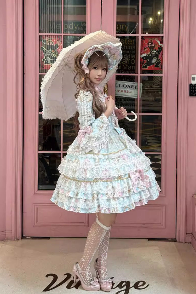 Blue [Candlelight Elegance] Long Trumpet Sleeves Multi-Layered Ruffle Bowknot Lace Sweet Elegant Lolita Dress - Product - 3