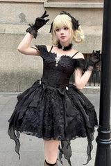 Black [Feathers Floating In The Air] Square Collar Flutter Sleeves Embroidered Bow Lace Gothic Lolita Jsk Dress - Product - 7