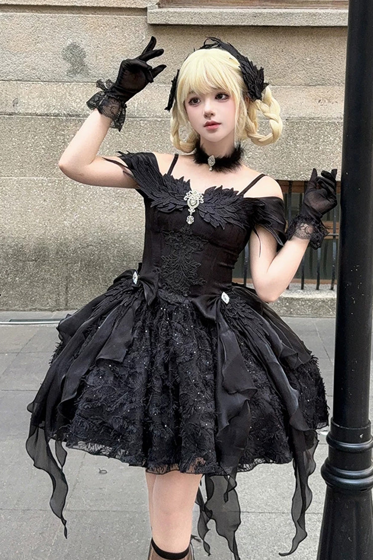 Black [Feathers Floating In The Air] Square Collar Flutter Sleeves Embroidered Bow Lace Gothic Lolita Jsk Dress - Product - 7