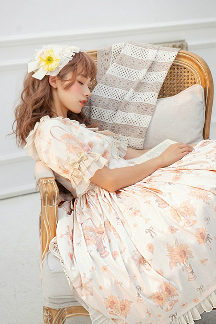 Ivory [Miss Sunflower] Short Sleeves Printed Ruffled Bow Sweet Lolita Dress - Product - 4