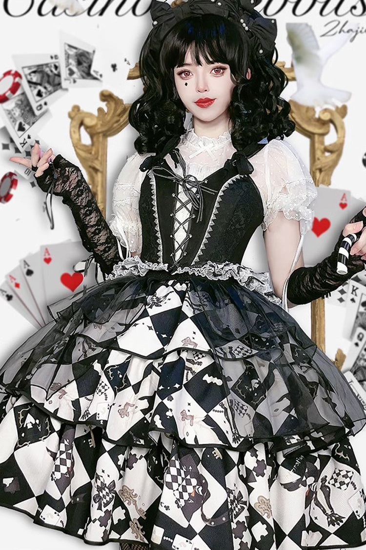 Black/White [Board Games] Triple-Layered Print Ruffle Vintage Lolita Skirt - Product - 9