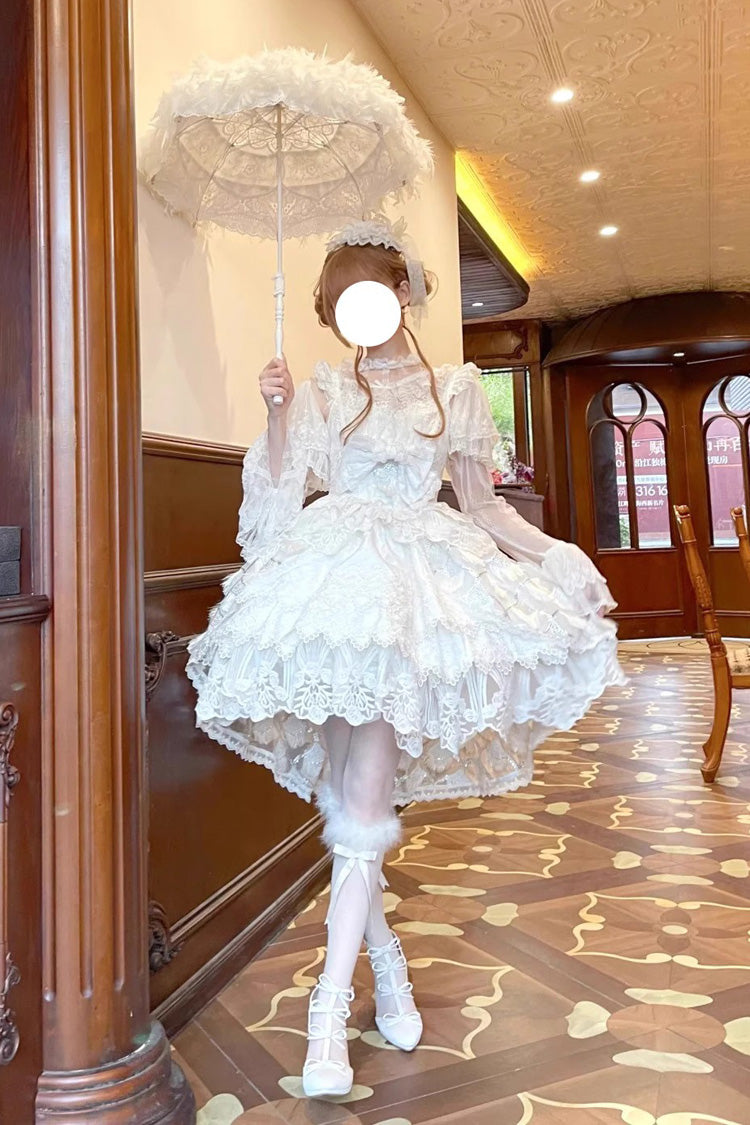 White [Peacock Feather] Multi-Layered Ruffle Hanayome Cardigan Bowknot Lace Sweet Lolita Jsk Dress Set - Product - 9