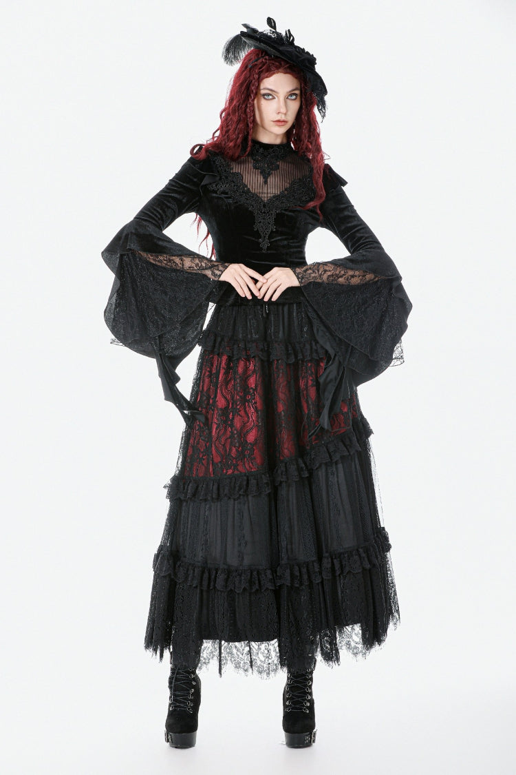 Black Multi-Layered Long Flare Sleeves Embroidered Sheer Mesh Splice Velvet Women's Gothic Top - Product - 7