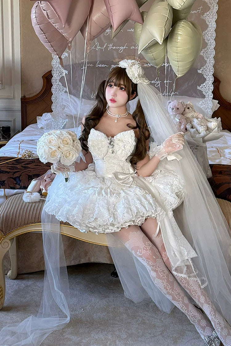 White [White Feather Promise] Sleeveless Multi-Layered Ruffled Hanayome Bow Lace Sweet Lolita Jsk Dress - Product - 2
