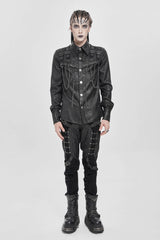 Black Lapel Collar Long Sleeves Buckled Strappy Chain-Decorated Men's Punk Shirt - Product - 5