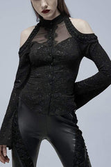 Black Long Trumpet Sleeves Print Hollow Stitching Lace-Up Womens Gothic Blouse - Black - 1