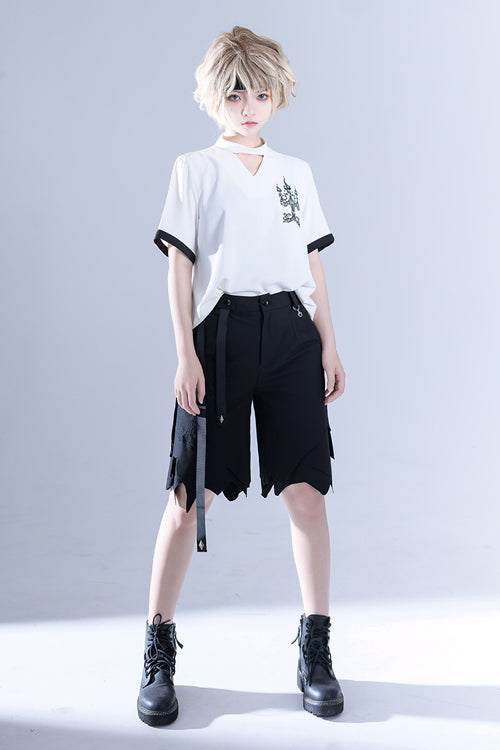 White Hollow V Collar Spooky Shadow Embroidered Ouji Lolita Short Sleeves - Product - 3