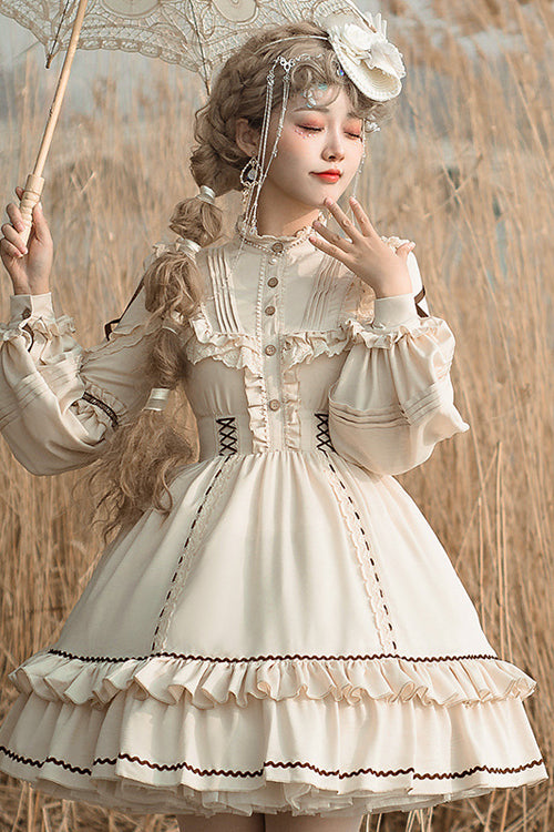 Beige Lantern Sleeves Multi-Layer Ruffled Removable Sweet Lolita OP Tiered Dress - Product - 4
