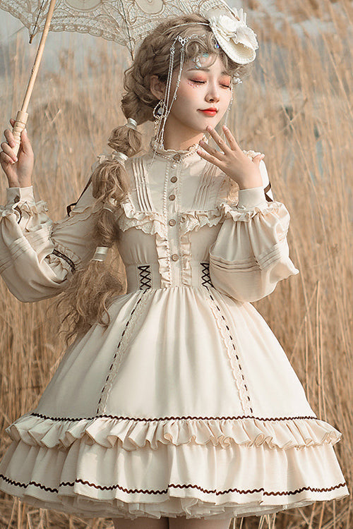 Beige Lantern Sleeves Multi-Layer Ruffled Removable Sweet OP Tiered Dress (Dress Only) detail view 4
