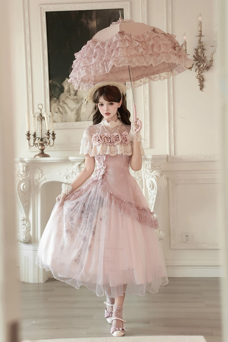 Pink [Rose Poems] Ruffle Embroidery Bowknot Lace Asymmetric Sweet Elegant Lolita Dress Set - Product - 11