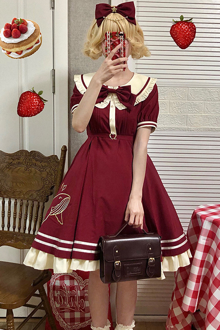 Little Sea Whale Navy Sailor Short Sleeves Sweet Lolita OP Dress 3 Colors - Wine - 1