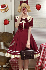 Little Sea Whale Navy Sailor Short Sleeves Sweet Lolita OP Dress 3 Colors - Wine - 1