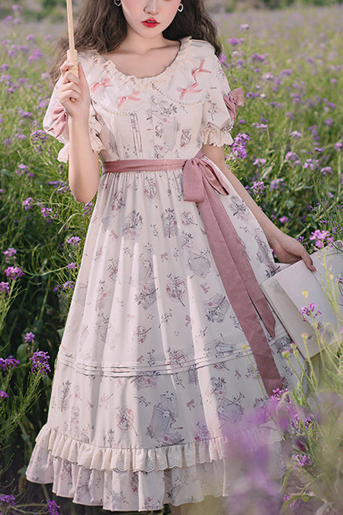 Beige Round Collar Short Sleeves Flower Print High Waist Sweet Lolita OP Dress - Beige - 1