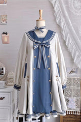 Blue/Apricot Navy Collar Long Sleeves Print Ruffle Bowknot Sweet Plus Size Lolita Dress - Product - 8