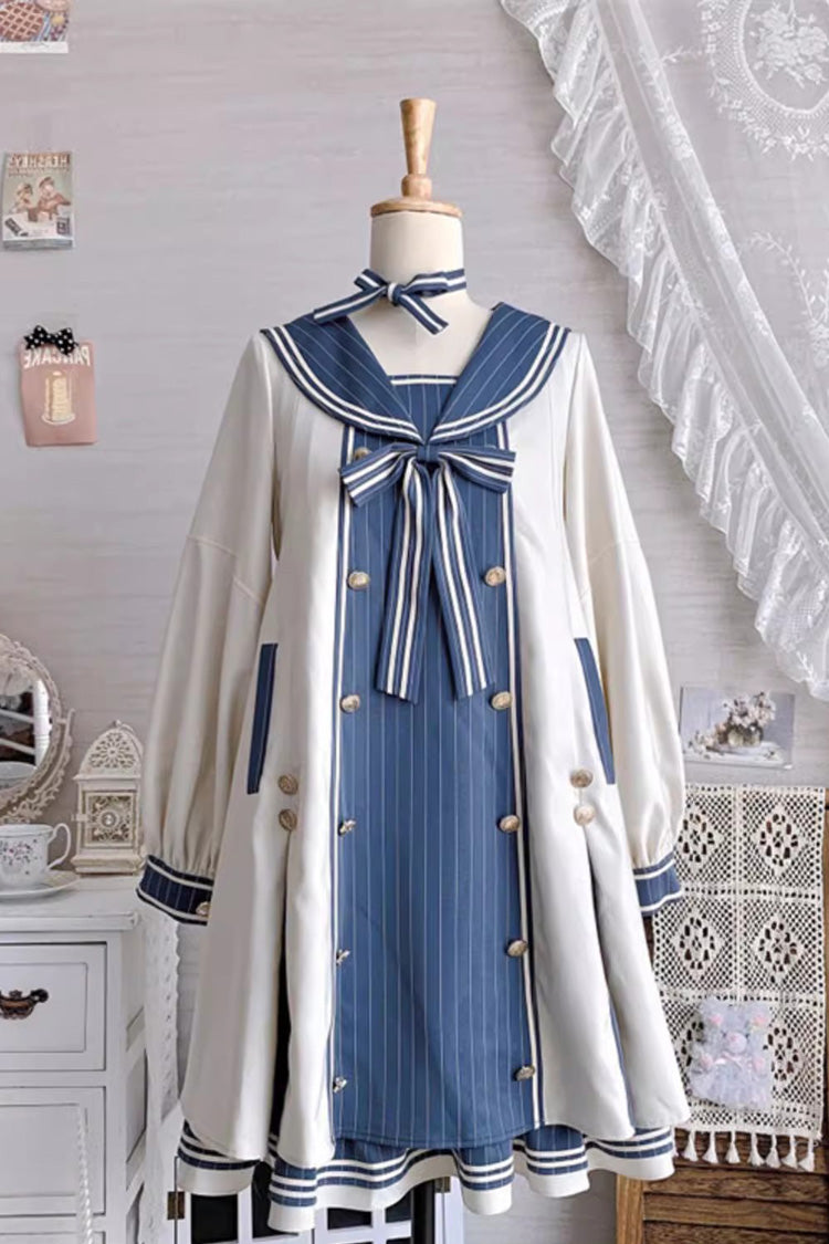 Blue/Apricot Navy Collar Long Sleeves Print Ruffle Bowknot Sweet Plus Size Lolita Dress - Product - 8