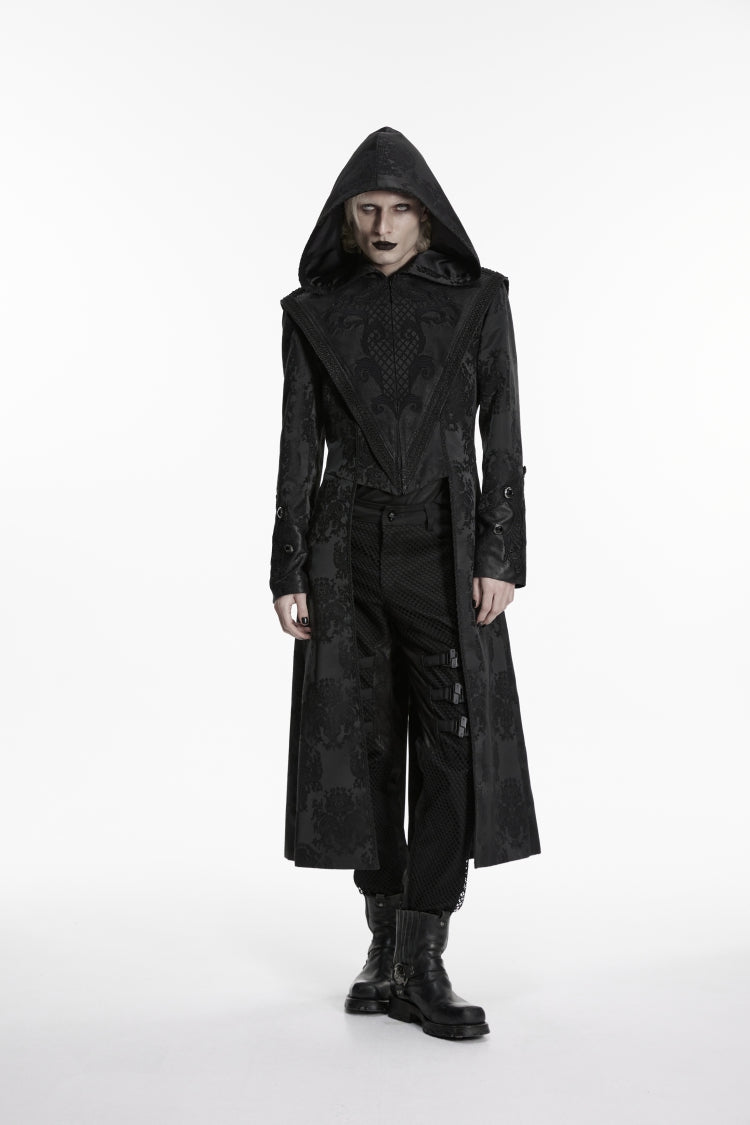 Black Long Sleeves Jacquard Embroidered Spliced Lace Hooded Color-Blocked Men's Punk Cool Coat - Product - 3