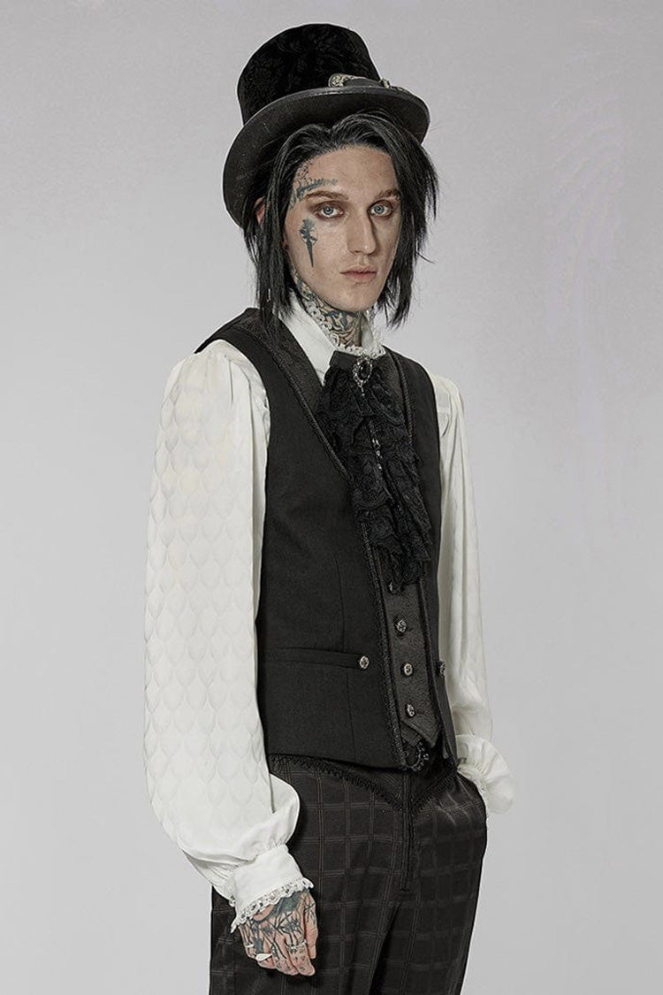 Black Punk Jacquard V-Neck Stitching Three Dimensional Engraving Hand Sewn Button Lace Short Men's Vest - Product - 3