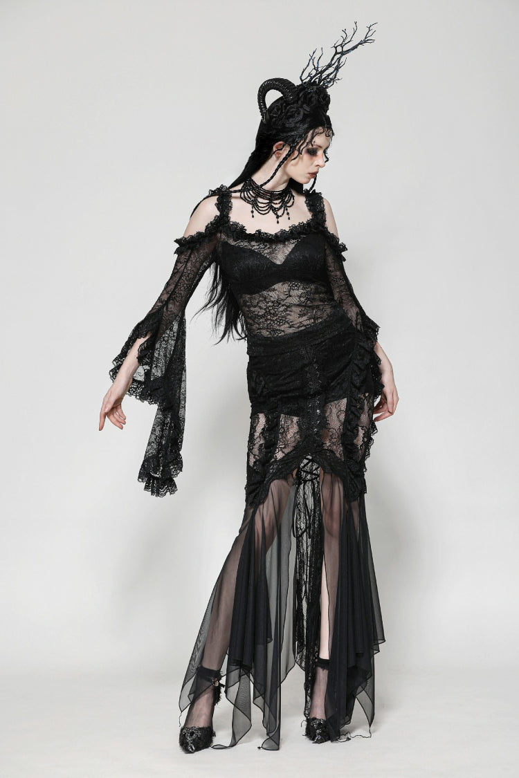Black Off Shoulder Long Flare Sleeves Lace Women's Gothic Romantic Top - Product - 8